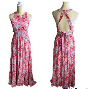 Anthropologie Pink and Blue Floral Maxi Dress
